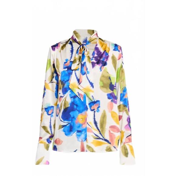 NEW RAMY BROOK women's veera floral tie-neck blouse in ivfls